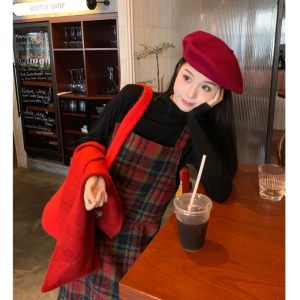 South Korea Retro Fairy Dress Christmas Red New Year Retro Woolen Gingham Figure Flattering Suspender Skirt Two-piece Set Pack