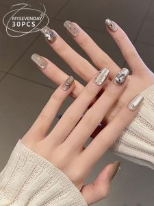 Handmade White Enhancing Nail Tips Cat Eye Design Luxury Minimalist Spots Rhinestone Glitter False Nails Patches Beauty Tools