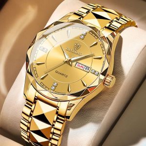 [With Free Box] BINBOND Fashion Mens Watches 2023 Luxury Brand Dual Calendar Luminous Prismatic Diamond Dial Stainless Steel Strap Waterproof Quartz Wristwatch Fashion Casual Golden Watch B5552
