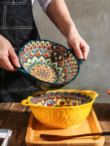 Bát Canh Bằng Gốm Sứ Lớn Kiểu Bohemian Hai Tai Mới 2025 Bát Ăn Uống Trang Trí Nhà Bếp Hình Tròn Cổ Điển Chất Liệu Sứ Trung Quốc