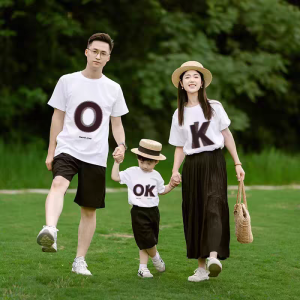 2024 New Couple Matching Pure Cotton Short Sleeve T-Shirt Family of Three Four Mother Daughter Class Uniform Casual Wear