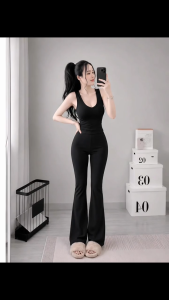 Set áo cổ tim sát nách kèm quần dài ống loe KVYBODY S52 chất thun cotton borip lụa dày mịn co giãn