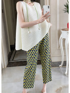 Summer Thin Printed Pleated Womens Pants Loose Casual Straight Leg Cool Harlan Nine Point Pants All Match Natural Waist