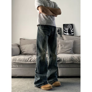 MKCLOT Paris Bootcut Mens Straight Leg Jeans American Clean Fit Washed Denim Pants High Waist Long Trousers Casual Jeans