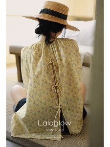 French Style Loose Fit Cotton Flared Flower Tie Front Sun-Protective Womens Top Summer