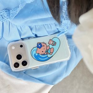 Sanrio | Summer Blue Surfing Black Skin Hello Kitty Case For iphone 17 16 15 14 Pro Max 13 17 Sanrio Protector TPU Cover With Pearl Chain