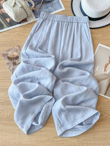 กางเกงขายาวทรงหลวมเอวสูงผ้าลินินผสมลินินทิลส์สีฟ้าอ่อนสำหรับผู้หญิง กางเกงขายาวทรงตรงขนาดใหญ่ ทรงหลวม กางเกงขายาวทรงตรง