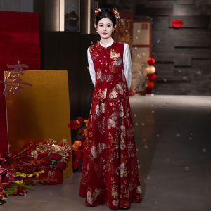 Red Wedding Dress New Chinese Style Cheongsam Bridal Gown for Wedding Engagement Party Fashionable Embroidered mid Waist a Line Skirt