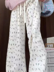 Ice Silk Floral Print Sports Pants Womens Early Autumn Casual Small Size Straight Leg Wide Leg Loose American Style Drawstring Sweatpants