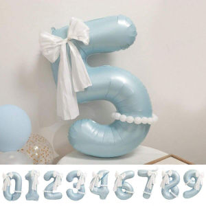 40inch Matte Light Blue Large Number Balloons 0-9 with Oversized Bow Pearl Design Birthday Age Photo Props Party Decorations