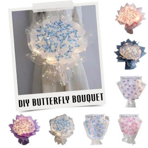 Handmade Butterfly Flower Bouquet DIY Material Package for Weddings DIY Simulation Rose Flower Bouquet DIY Butterfly Bouquets with Light String Butterflies Homemade Flowers Creative Multicolor Butterfly Flower DIY Home Garden Wedding Decoration