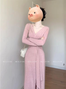 Mlyd/Customized Plus Size French Style V-neck Pink Twist Long Sleeves Dress Fall and Winter Slit Slim-Fitting Temperament Long Dress