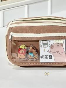 Cute Capybara Flip Pencil Case Multi Layer Large Capacity Clear Window Pen Bag Front Pen Slots Student Kawaii Stationery Pouch