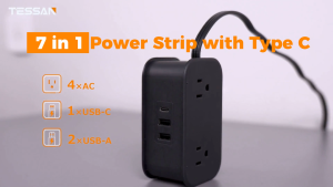 TESSAN 2-Prong to 3-Prong Flat Plug Power Strip Extension Cord with USB 4 Outlets & 3 USB Ports Extension Outlet Socket for Home/Office With USB-C