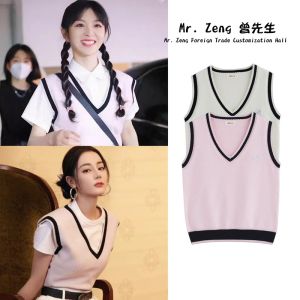 Pure Cotton V-neck Splice Knitted Vest Womens Sweater Sweet Style Loose Fit Embroidery Spring Fashion 2025 New Arrival