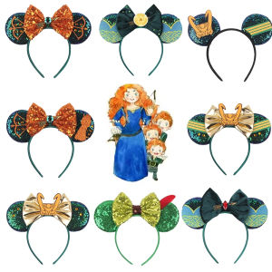 Pixar Brave Ears Headbands for Women Disney Princess Merida Hair Accessories Girl Green Sequins Bow and Arrow Hairband Kids Gift