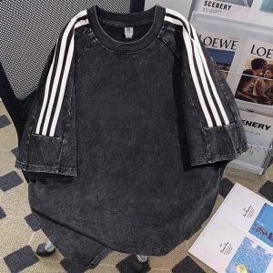 American Style Heavyweight Washed Short Sleeve T-Shirt Mens Loose Summer Teenage Couple Five-Quarter Sleeve Body Shirt