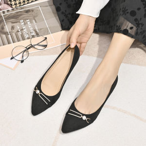 Commute Bean Bean Shoes Womens Velvet Surface mid Heel Work Shoes Spring Black Pointed Toe Commute Heightening Shoes