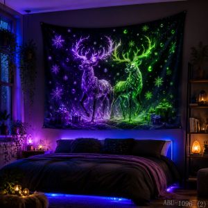VIKAMA Neon Purple Green Double Reindeer Standing Snowflake Gift Starry Christmas Tapestry Bedroom Living Room Dorm Home Decor