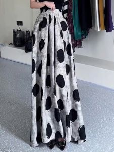 French Vintage High Waist Floor Length Half Skirt Womens Polka Dot Swing Skirt Elegant Draped Skirt for Autumn New Arrival