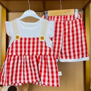 KID FASHION Setelan Lengan Pendek Set Anak Perempuan Katun Kotak Kasual Style 1-4 Tahun