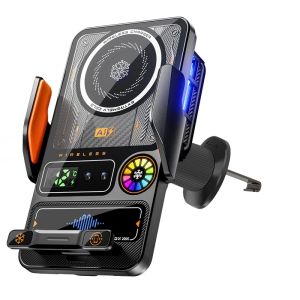 15W Semiconductor Cooling Car Wireless Charger Holder Temperature Display Auto‑Sensor RGB Ambient Light Mount For Smartphone
