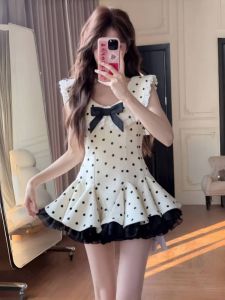 French Polka Dot Butterfly Knot Fly Sleeve Dress Women Summer Princess Feel Sweet Waist Cinching a Line Fluffy Short Skirt