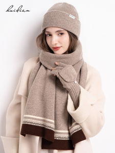 Thickened Pure Wool Scarf Hat Neck Warmer Three-piece Set Gift Box Winter Fashion Accessories for Women Warm Elderly Mother Present