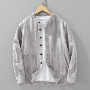 เสื้อเชิ้ตคอตั้งแขนยาวผ้าลินินชายสไตล์จีนใหม่ ฤดูใบไม้ผลิและฤดูใบไม้ร่วง ทรงหลวม ผ้าฝ้ายผสม บาง แจ็คเก็ตแบบสวมหัว