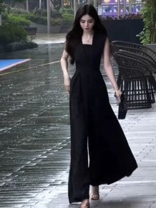 French Elegant Sleeveless One-Piece Pants Women Summer plus Size Loose Slimming Wide Leg Long Pants Jumpsuit High Waist A-Line Skirt