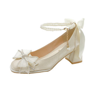 รองเท้าส้นสูงสไตล์นางฟ้า Mary Janes ทรงหัวเหลี่ยม ด้านข้างเปิด ด้านในเป็น PU สำหรับผู้หญิงวัย 18-40 ปี