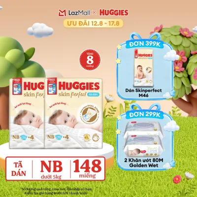 [12-17.08 QUÀ TẶNG ĐƠN 0Đ] Combo 2 Tã/bỉm dán sơ sinh Huggies Skin Perfect NB70 với 2 vùng thấm giảm kích ứng da