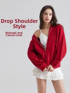 SALTUM | Hooded Zip-Up Loose Casual Red Sporty Sweatshirt