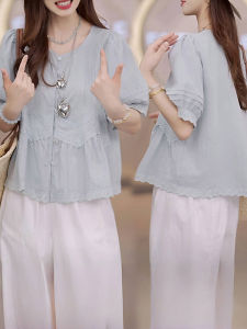 Shalldoer | Casual Style Blue Lace Trim Short Sleeve Shirt Womens Fashion High End Feeling Summer Versatile Top Loose Fit Button Detail