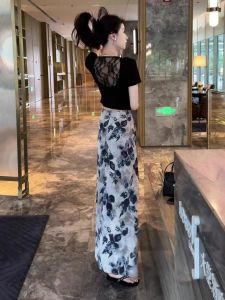 V.C.I | Elegant Cheongsam Style Ink Print Midi Skirt