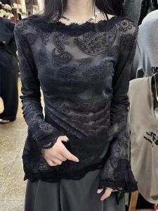 เสื้อเชิ้ตผู้หญิงทรงเข้ารูปแขนกระดิ่งผ้าลูกไม้บางๆ ฤดูใบไม้ร่วง 2024 เสื้อเชิ้ตผู้หญิงแขนยาวคอตั้งลายสก็อต