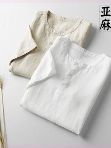 Loose Fit Linen Mens T-Shirt Chinese Style Summer round Neck Short Sleeve Shirt Thin Material Casual Polo Top for Middle-Aged And Young Men