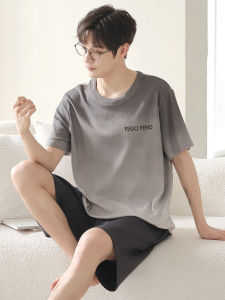 Mens Summer Sleepwear Short Sleeve Gradual Color Large Size Cotton Home Clothes Set Comfortable Breathable round Neck Print Design