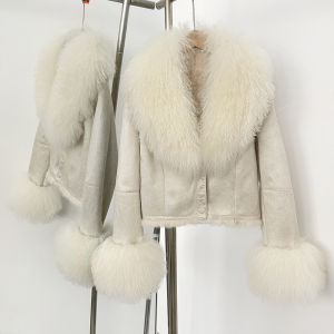 Áo Khoác Nữ Mùa Thu Đông Bằng Da Lộn Thật Lông Cừu Mông Cổ Có Tay Áo Dài Lót Lông Thỏ Dày Phong Cách Đường Phố Cao Cấp