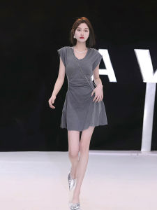 Gray Slim Fit V-neck Wrap Dress Womens Summer 2025 New Style Tight Flying Sleeve T-shirt Dress High Waist A-line Skirt