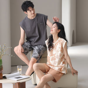 Miiow | Couples Cotton Sleepwear Womens Style Summer New Integrated Home Clothes Set Can Be Worn Outside Short Sleeve Round Neck Pure Color