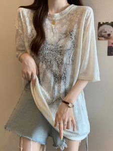 Shiny Lace Butterfly Knot Short Sleeve T-Shirt Womens plus Size Mid-Length Fashionable Top Korean Style Commute Pure E-Commerce