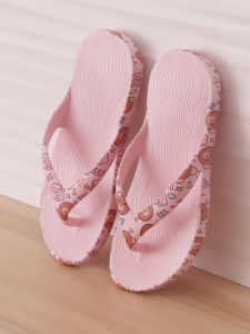 Womens Summer Outdoor Sandals Anti-Slip Bathing Simple Cute Toe-Post Thong Slippers Flat Heel PVC Material Cartoon Pattern