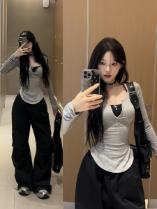 Gray Slim Fit Long Sleeve T-Shirt Womens Early Autumn plus Size Short Style Two-Piece Set Fashionable Design Casual Top