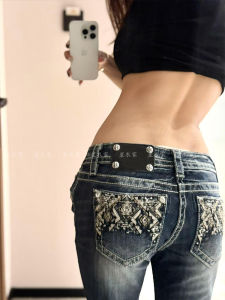 American Style Spicy Girl Heavy Embroidery Denim Pants Womens Summer Y2K Millennium Low Waist Floor-Length Trousers