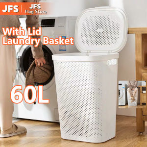 JFS 60L Multi-functional Storage Bin Organizer Polka Dots Tall Laundry Basket Japanese Style with Cover Dirty Clothes Basket Laundry and Cleaning Equipment