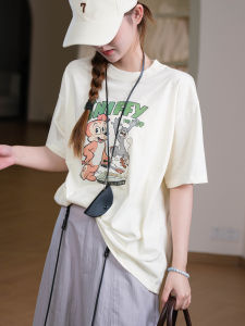 XIAOER | American Style Retro Cartoon Print High Quality Cotton Loose Drop Shoulder Round Neck Short Sleeve T-shirt