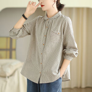 Elegant Long Sleeve Cotton Linen Striped Shirt Women Spring Autumn Loose Large Size Retro Casual Chic Blouse Commute Style