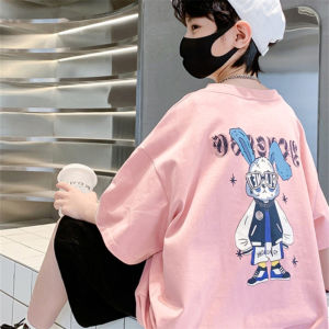 Cool Letter Rabbit Print Cotton T-Shirt for Boys Short Sleeve Loose Fit Fashionable Top Korean Style Summer Shirt for Kids