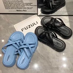 SIMWOOD Sandal Wanita Elegan Sendal Slop Tali Silang Slip On Sandal Olahraga Kasual Tebal Wanita